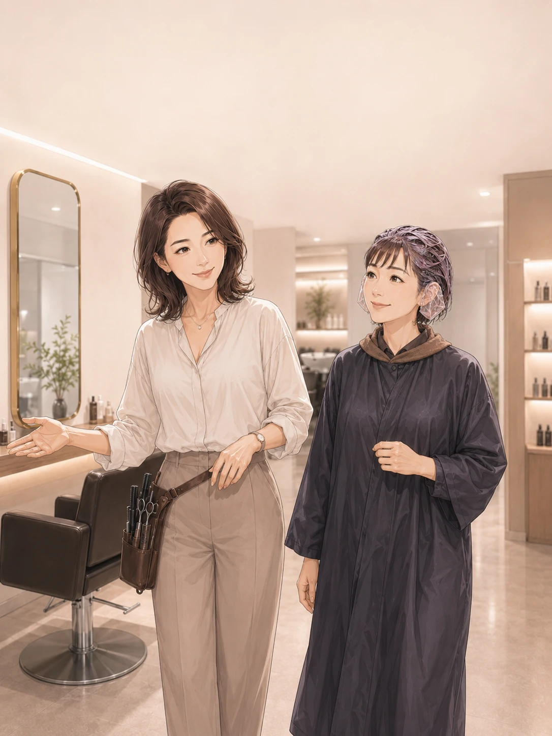 美容師が、鏡の前のお客様にカラーを流すことを伝える。