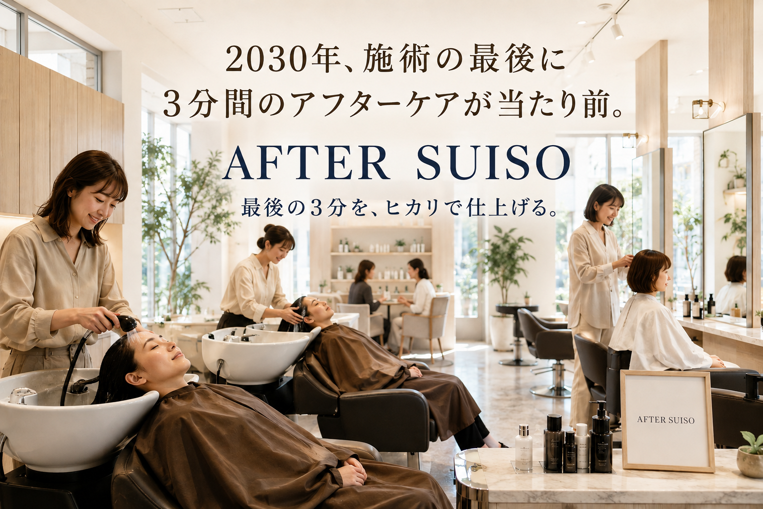 AFTER SUISO。シャンプー台で髪を丁寧にケアする美容師たち。
